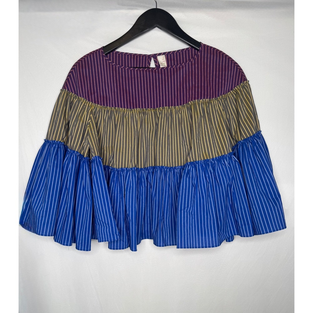 Tia Cibani Kids Striped Tiered Ruffle Top Plum Olive Blue‎ Size S